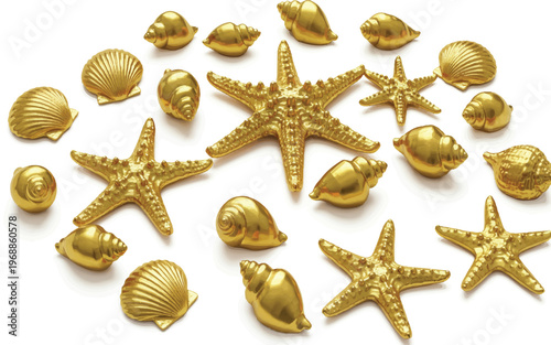 Golden starfish and seashells arrangement on white background for decoration or design