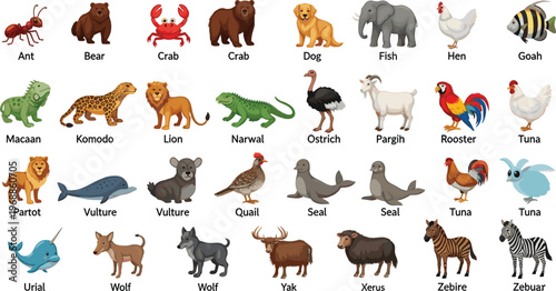 Animal Collection Vector Illustration with Various Wildlife and Domestic Animals Including Lion Bear Elephant Zebra and More
