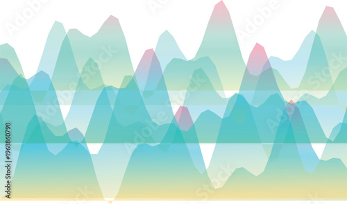 Abstract geometric mountain landscape background with transparent overlapping shapes, soft pastel gradient waves in blue green tones, modern vector design backdrop
