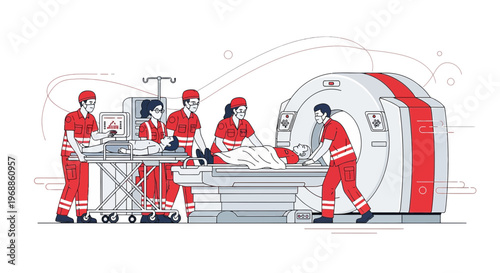 Medical Team Performing CT Scan on Patient in Hospital Room with MRI Machine