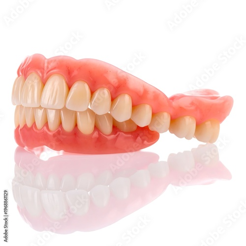 Dentures Upper and lower dentures, pink gum line, beige teeth, reflective surface, isolated against white background