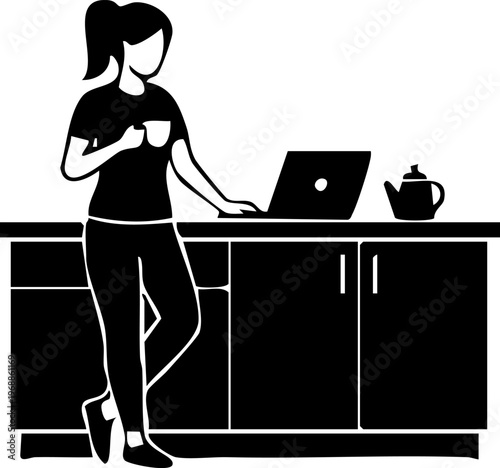 Woman working on laptop in kitchen with coffee, work from home lifestyle silhouette illustration