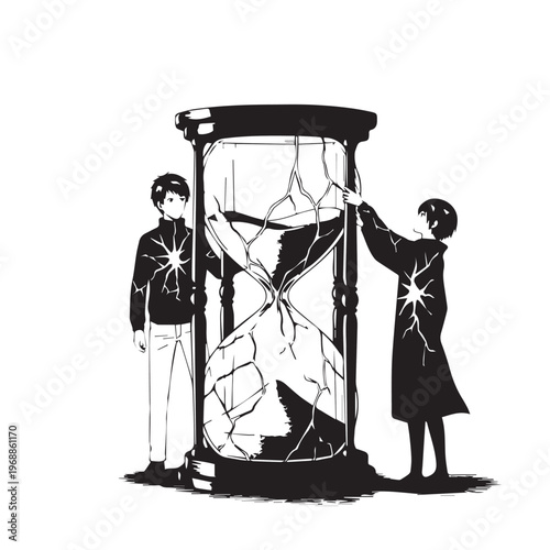 Cracked glass, broken hourglass, shattered time, monochrome illustration, vector graphics