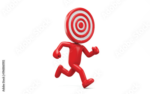 Red cartoon character with target on head running fast towards goal or success in business and marketing concept  symbolizing focus and determination