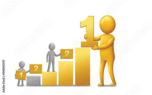Three 3D characters building a bar graph with numbered blocks and a gold number one on white background  ranking and statistics concept