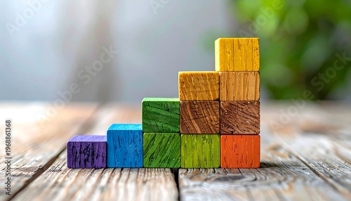 Wooden blocks stacked stepwise, creating a colorful, abstract staircase