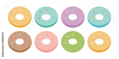 Eight cute pastel colored donuts with sprinkles on a white background.