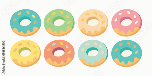 Eight soft pastel donuts with sprinkles arrayed on a subtle rectangular background.