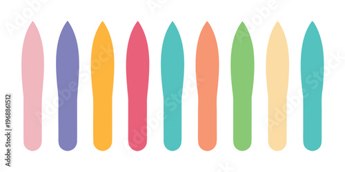 A row of ten colorful pastel manicure tools or nail files.
