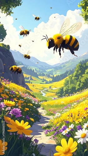 Bees flying above a vibrant, flower-filled valley with mountains in the distance under a bright sky