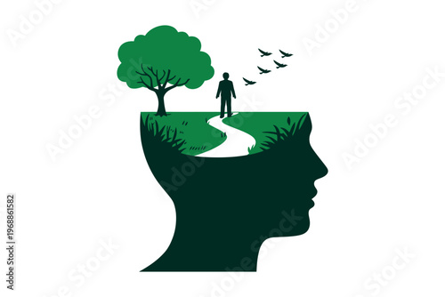 A person walking on a winding path inside a green silhouette of a human head with a tree and birds