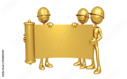 Three gold cartoon characters wearing hard hats holding a large blank sign board  teamwork concept