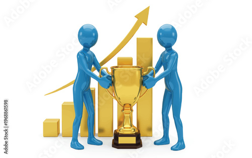 Two blue humanoid figures holding a large golden trophy with a bar graph and upward arrow in the background  symbolizing teamwork and success