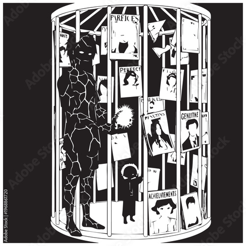 Black and white illustration, cracked prisoner silhouette, surrounded by posters and notices, in cage