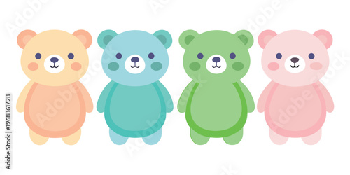 Four adorable pastel teddy bears positioned on a light background rectangle.