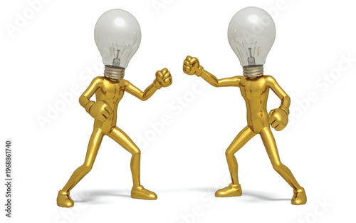 Two gold cartoon characters with lightbulbs on their heads boxing isolated on white background