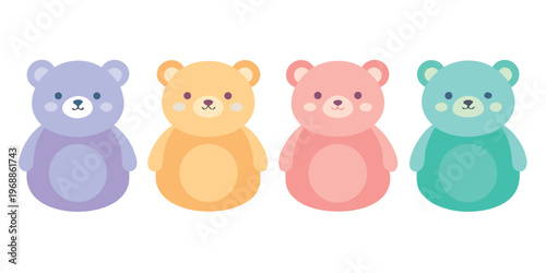 A cute row of four colorful plush teddy bears for children.