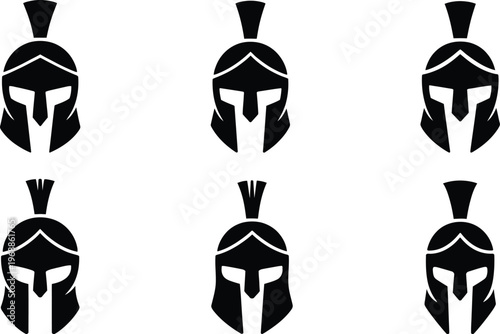 Six variations of ancient greek hoplite helmets displayed in black and white contrast