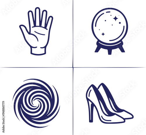 Collection of four distinct graphic symbols including a palm for palmistry a crystal ball for fortune telling a swirling