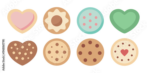 A delightful collection of eight assorted flat design cookies and biscuits.