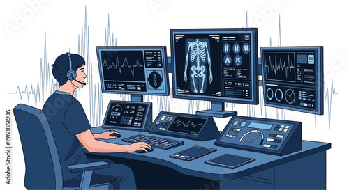 Medical Technician Monitors Advanced Diagnostic Scans on Multiple Screens