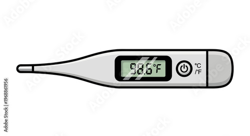 Digital thermometer displaying temperature on screen with power button and settings