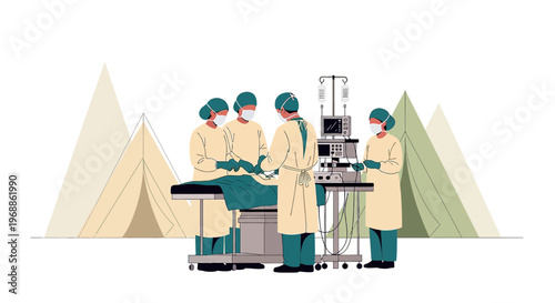 Medical Team Performing Surgery in Field Hospital Tent with Medical Equipment