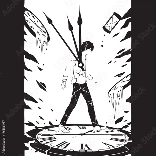 Stylized man, clock, shattered time concept, monochrome illustration, vector graphic