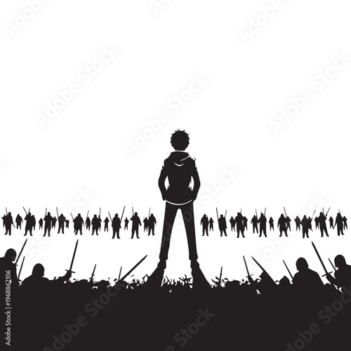 Silhouette of a standing man, crowd of people, protest, riot, demonstration vector