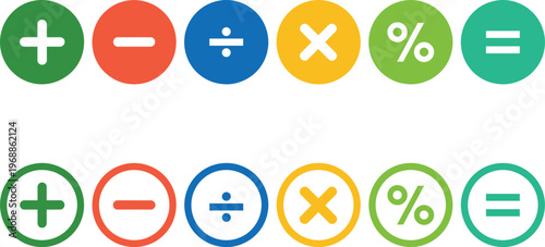 Colorful and bordered mathematical operation symbols displayed in two rows