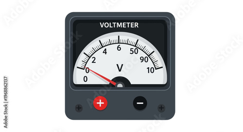 Electric voltmeter gauge with red needle on white dial and black panel background