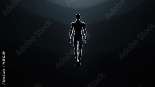Futuristic human silhouette illuminated against a dark, atmospheric background