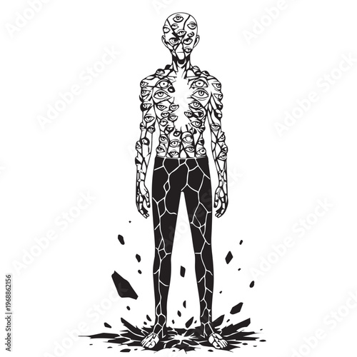 Cracked human body, broken anatomy, shattered skin, black and white vector