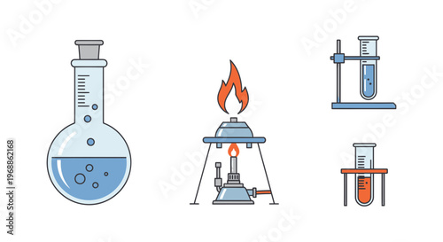 Laboratory equipment with beaker bunsen burner and test tubes for chemistry experiments and scientific research in a lab setting with various tools