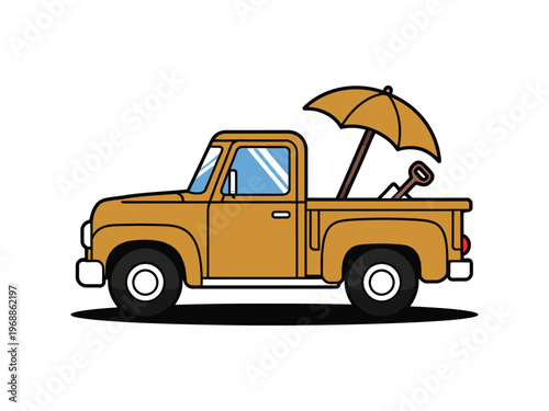 Yellow truck with umbrella.