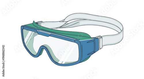 Protective safety goggles with blue frame and green top clear lenses and white elastic strap for eye protection