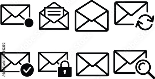 Collection of various email-related icons depicting different functionalities and statuses