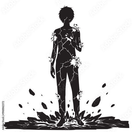 Cracked silhouette, broken person, shattered human, black vector illustration