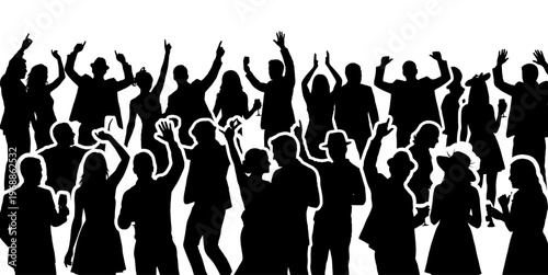 Cheering crowd at party dancing with hands up silhouette
