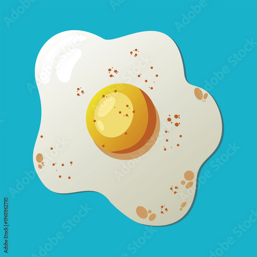 Fried egg sunny side up with spices and seasoning on blue background, breakfast food vector illustration