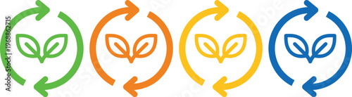 Four colorful recycling arrows with leaf symbols representing sustainability cycles