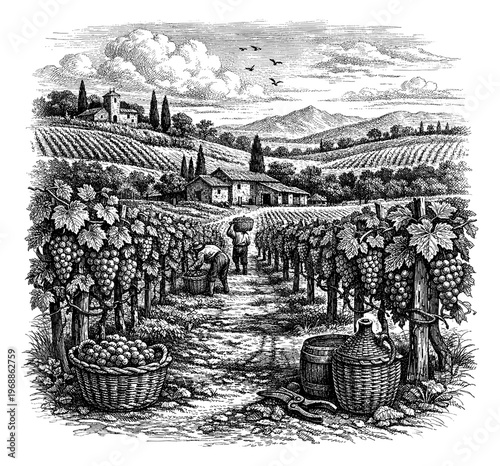 Vineyard harvest with worker grape and basket vintage engraving