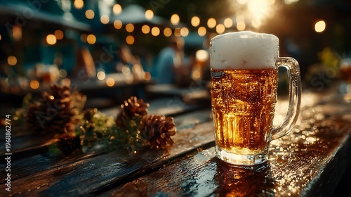 Effervescent sparkling water with bubbles beside golden beer pint social drinking scene illustration.