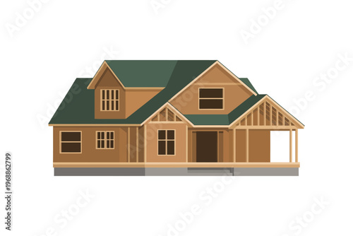 A modern two-story house with a green roof under construction on a white background