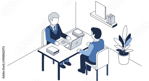 Two businessmen in an office meeting discussing business.