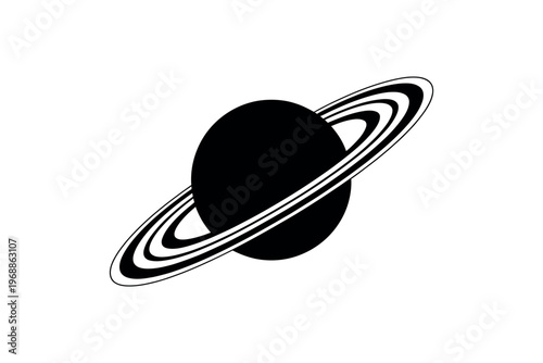 A black and white illustration of the planet Saturn with its distinctive ring system