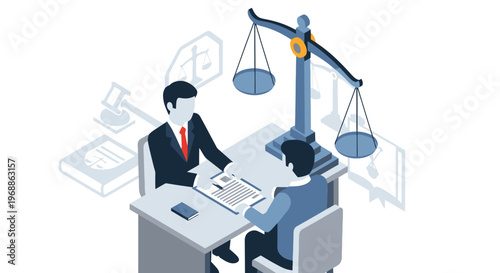Lawyer consulting with client at desk with scales of justice.