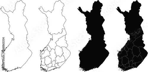 Set of four finland map silhouettes including outline and regional administrative borders