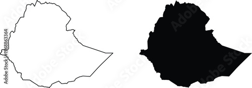 Black and white outline and solid silhouette shapes of the country of ethiopia map
