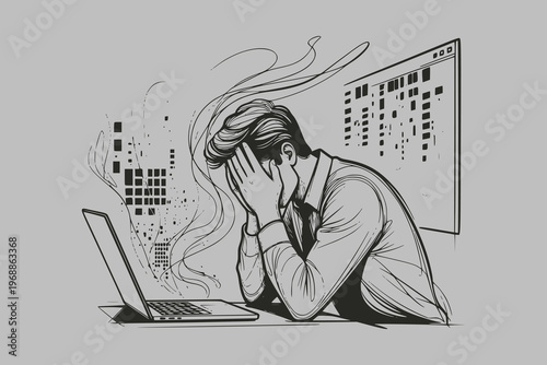 Man holding head at desk with laptop in line-art on neutral backdrop, concept of stress and burnout and workplace pressure. Concept of burnout and digital noise